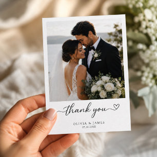Modern Script Heart Typography Wedding Photo Thank You Card