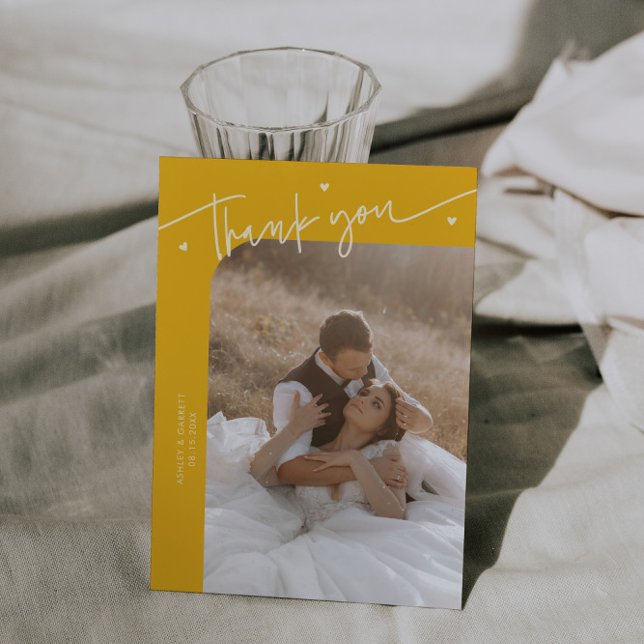 Modern Script Heart Yellow Wedding  Thank You Card (Creator Uploaded)