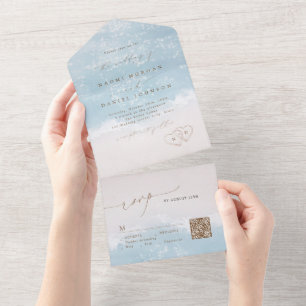 Modern Script Hearts in the sand Beach wedding All In One Invitation