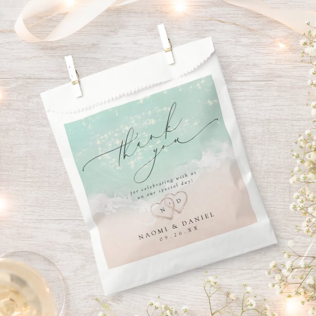 Modern Script Hearts in the Sand Beach Wedding Favour Bag (Clipped)