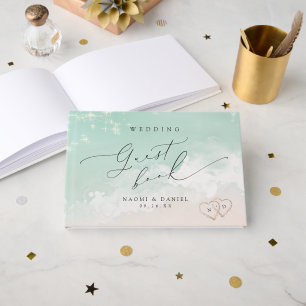 Modern Script Hearts In The Sand Beach Wedding  Guest Book