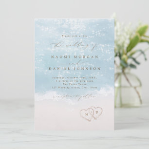 Modern Script Hearts In The Sand Beach Wedding Invitation
