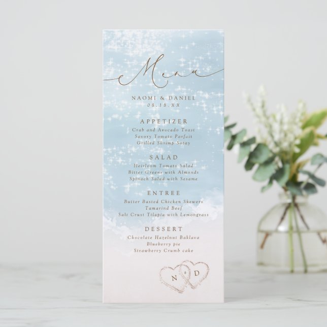 Modern Script Hearts In The Sand Beach Wedding  Menu (Standing Front)