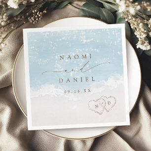Modern Script Hearts In The Sand Beach Wedding Napkin