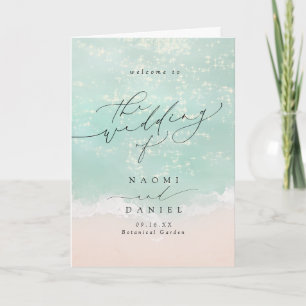 Modern Script Hearts In The Sand Beach Wedding  Program