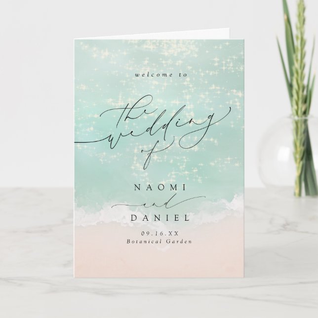 Modern Script Hearts In The Sand Beach Wedding  Program (Front)