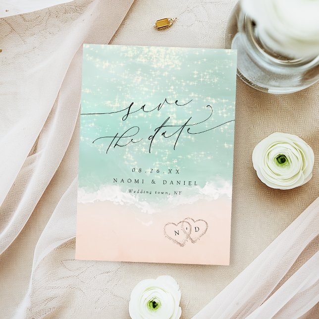 Modern Script Hearts In The Sand Beach Wedding  Save The Date (Modern Script Hearts In The Sand Beach Wedding Save The Date)