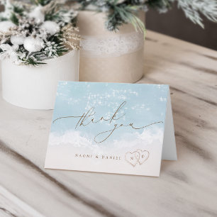 Modern Script Hearts In The Sand Beach Wedding Thank You Card