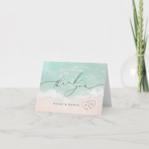 Modern Script Hearts In The Sand Beach Wedding  Thank You Card