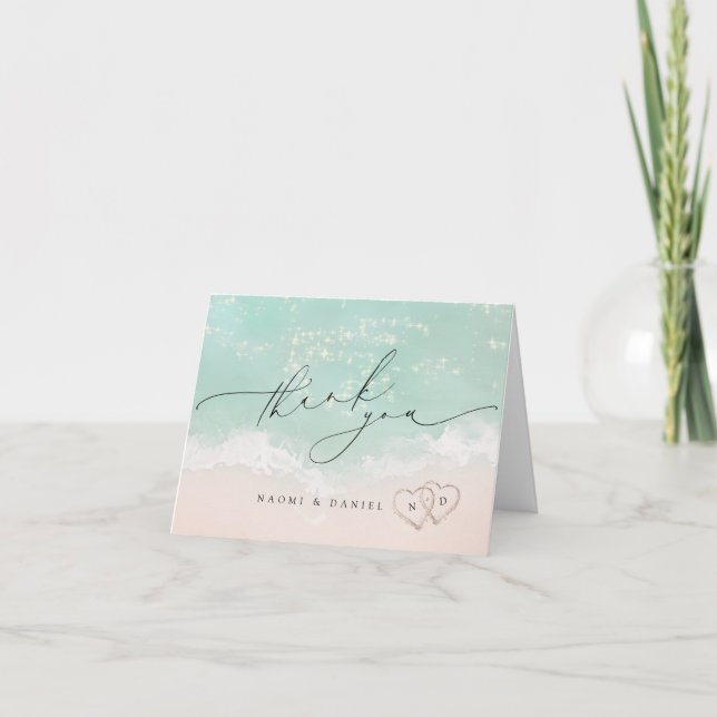 Modern Script Hearts In The Sand Beach Wedding  Thank You Card (Front)