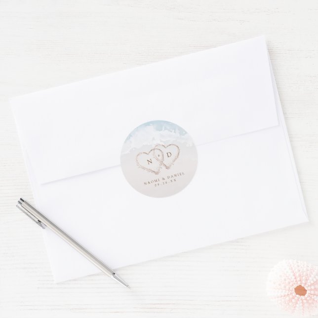 Modern Script Hearts Monogram Beach Wedding Favour Classic Round Sticker (Envelope)
