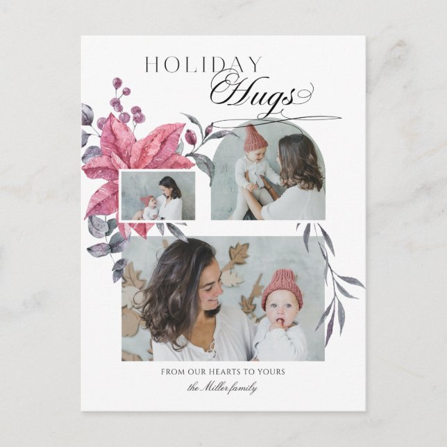 Modern Script Holiday Hugs 3-Photo Floral Postcard (Front)