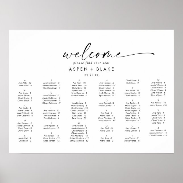 Modern Script Horizontal Alphabetical Seating Plan Poster (Front)