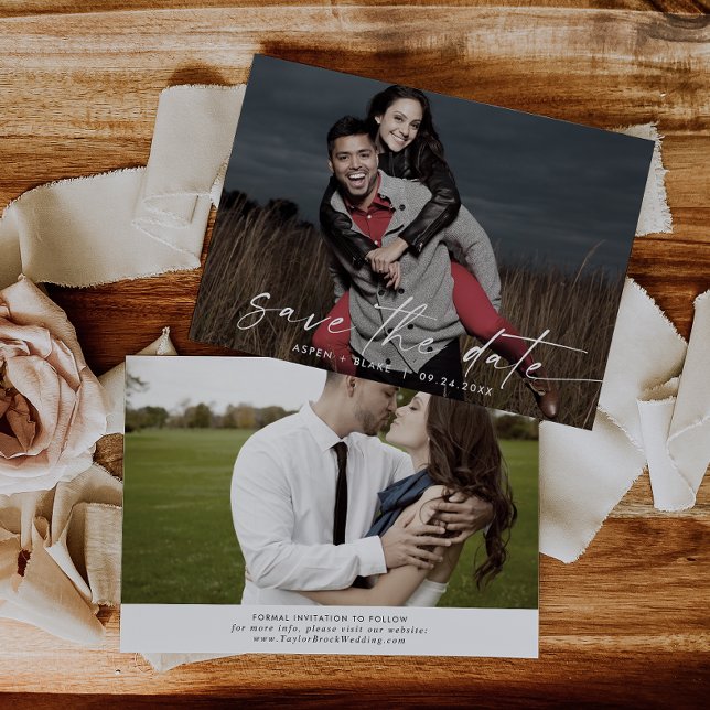 Modern Script Horizontal Dark Photo Save The Date (Creator Uploaded)