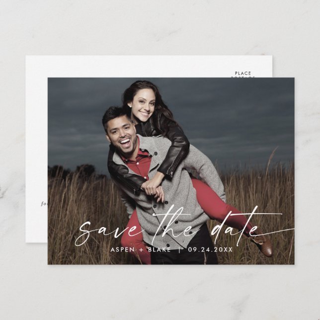 Modern Script Horizontal Dark Photo Save the Date Invitation Postcard (Front/Back)