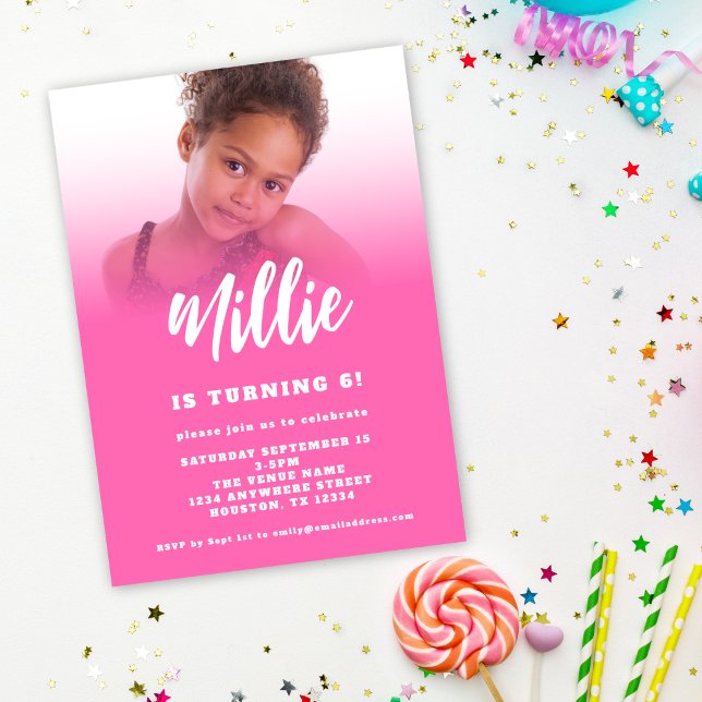 Modern Script Hot Pink Photo 6th Birthday Party In Invitation (Available digitally and printed)