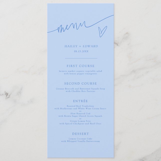 Modern Script Icy Blue Wedding Menu (Front)
