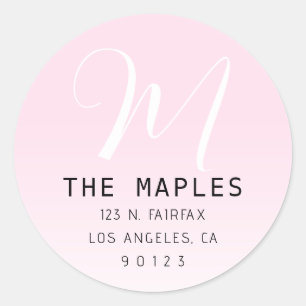Modern Script Initial Return Address Pink Ombre Classic Round Sticker