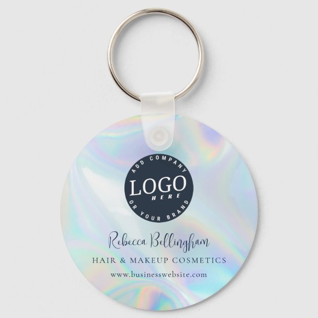 Modern Script Iridescent Business Logo and Name Keychain (Front)