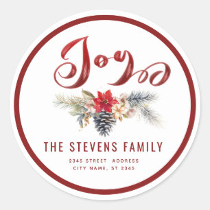 Modern script joy snow pine cone branch classic round sticker