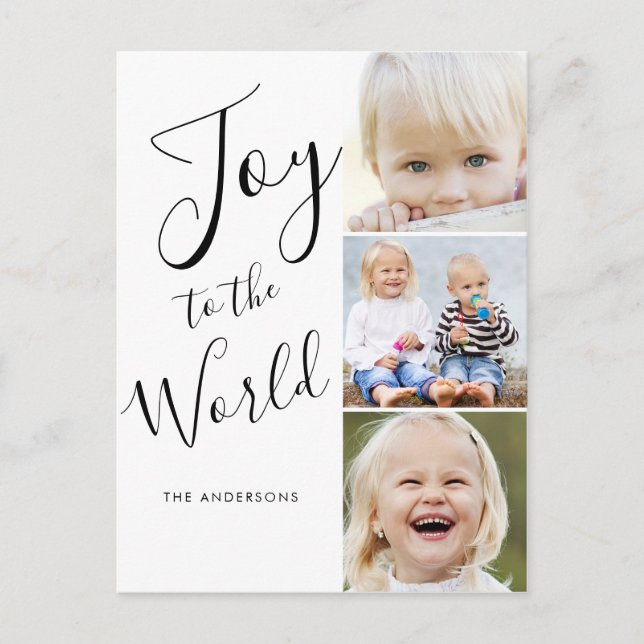Modern Script Joy to The World 3 Photo Collage Holiday Postcard (Front)