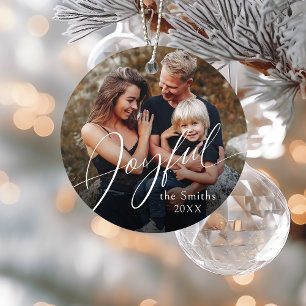 Modern Script Joyful Christmas Family Photo Ceramic Ornament