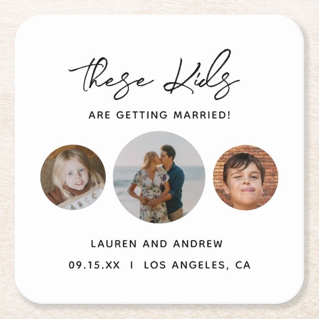 Modern Script Kids Photo Wedding Save The Date Square Paper Coaster (Front)
