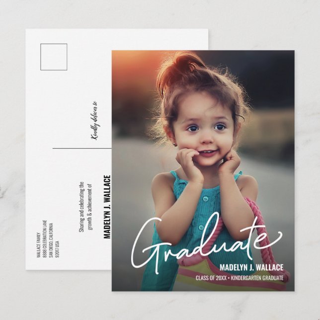 Modern Script Kindergarten Girl Graduate Photo Announcement Postcard (Front/Back)