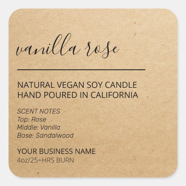 Modern Script Kraft Paper Candle Product Labels (Front)