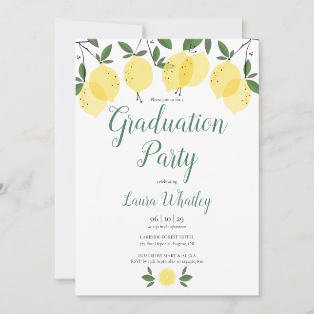 Modern Script Lemons Greenery Graduation Party Invitation (Front)