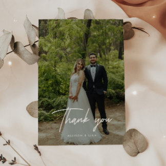Modern Script Lettering Wedding Photo Thank You Card