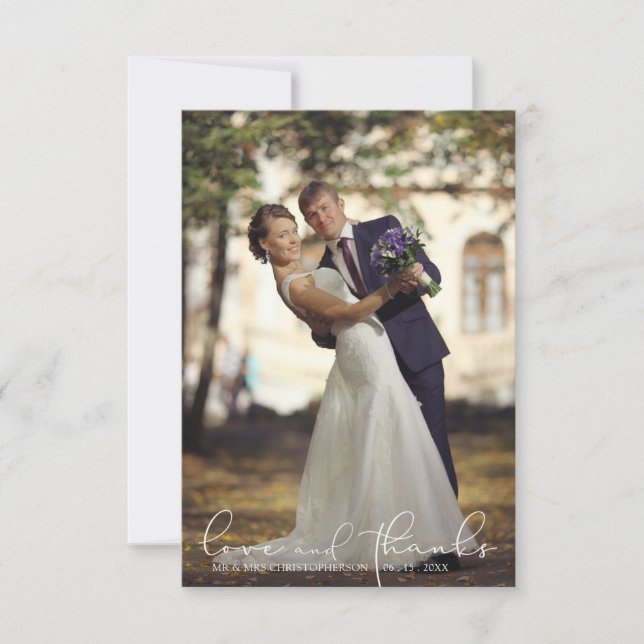 Modern Script LOVE AND THANKS Photo Wedding Thank  You Card (Front)