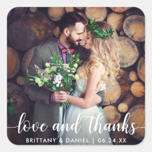 Modern Script Love and Thanks Wedding Couple Square Sticker