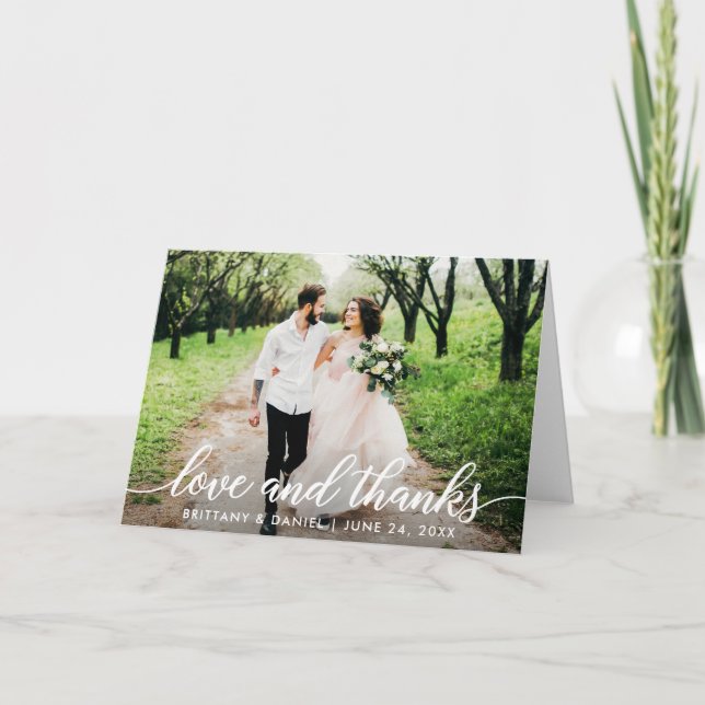 Modern Script Love and Thanks Wedding Fold Thank You Card (Front)