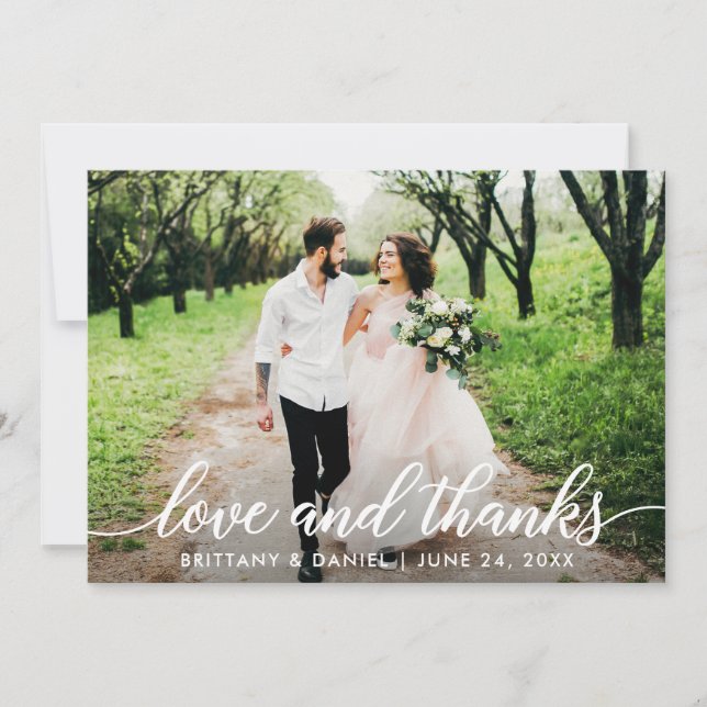Modern Script Love and Thanks Wedding Photo Thank You Card (Front)