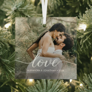 Modern Script Love Couple Photo and year Custom Glass Ornament