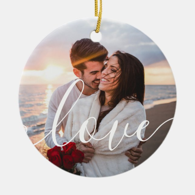 Modern Script Love Couple Photo Ceramic Ornament (Front)