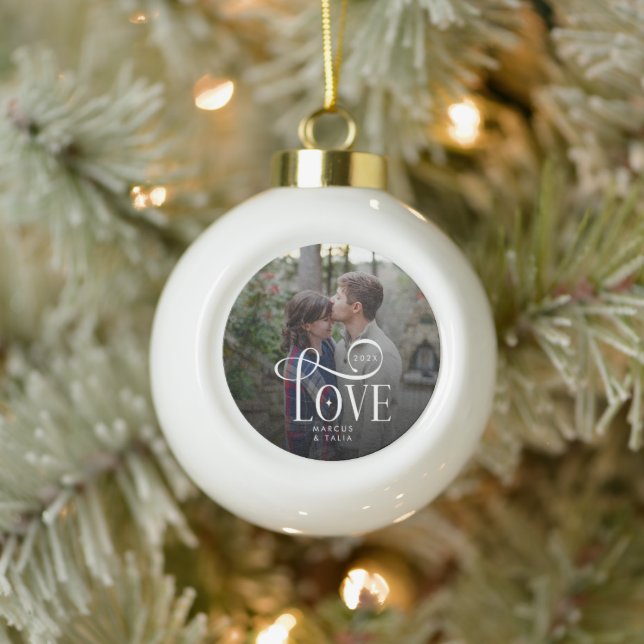Modern Script Love Custom Engaged Couples Photo Ceramic Ball Christmas Ornament (Tree)