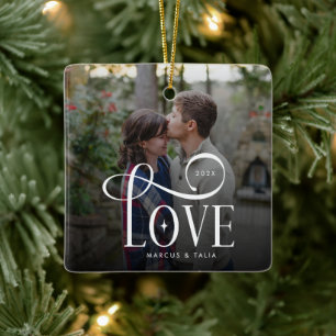 Modern Script Love Custom Engaged Couples Photo Ceramic Ornament