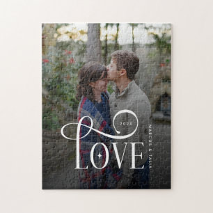 Modern Script Love Custom Engaged Couples Photo Jigsaw Puzzle