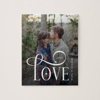 Modern Script Love Custom Engaged Couples Photo Jigsaw Puzzle