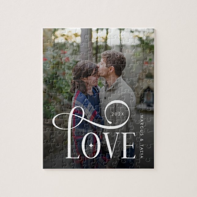 Modern Script Love Custom Engaged Couples Photo Jigsaw Puzzle (Vertical)