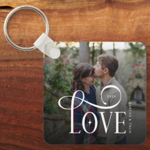 Modern Script Love Custom Engaged Couples Photo Keychain