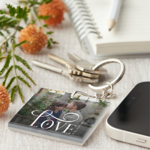 Modern Script Love Custom Engaged Couples Photo Keychain