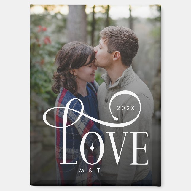 Modern Script Love Custom Engaged Couples Photo Magnet (Front)