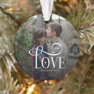 Modern Script Love Custom Engaged Couples Photo Ornament