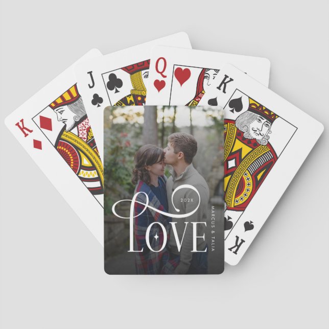 Modern Script Love Custom Engaged Couples Photo Playing Cards (Back)