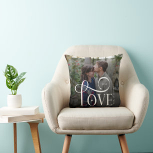 Modern Script Love Custom Engaged Couples Photo Throw Pillow