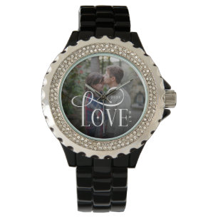 Modern Script Love Custom Engaged Couples Photo Watch