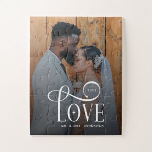Modern Script Love Custom Newlywed Couples Photo Jigsaw Puzzle